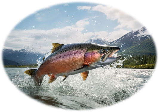 alt= A wild alaska salmon leaping out of the water with a mountainous background.